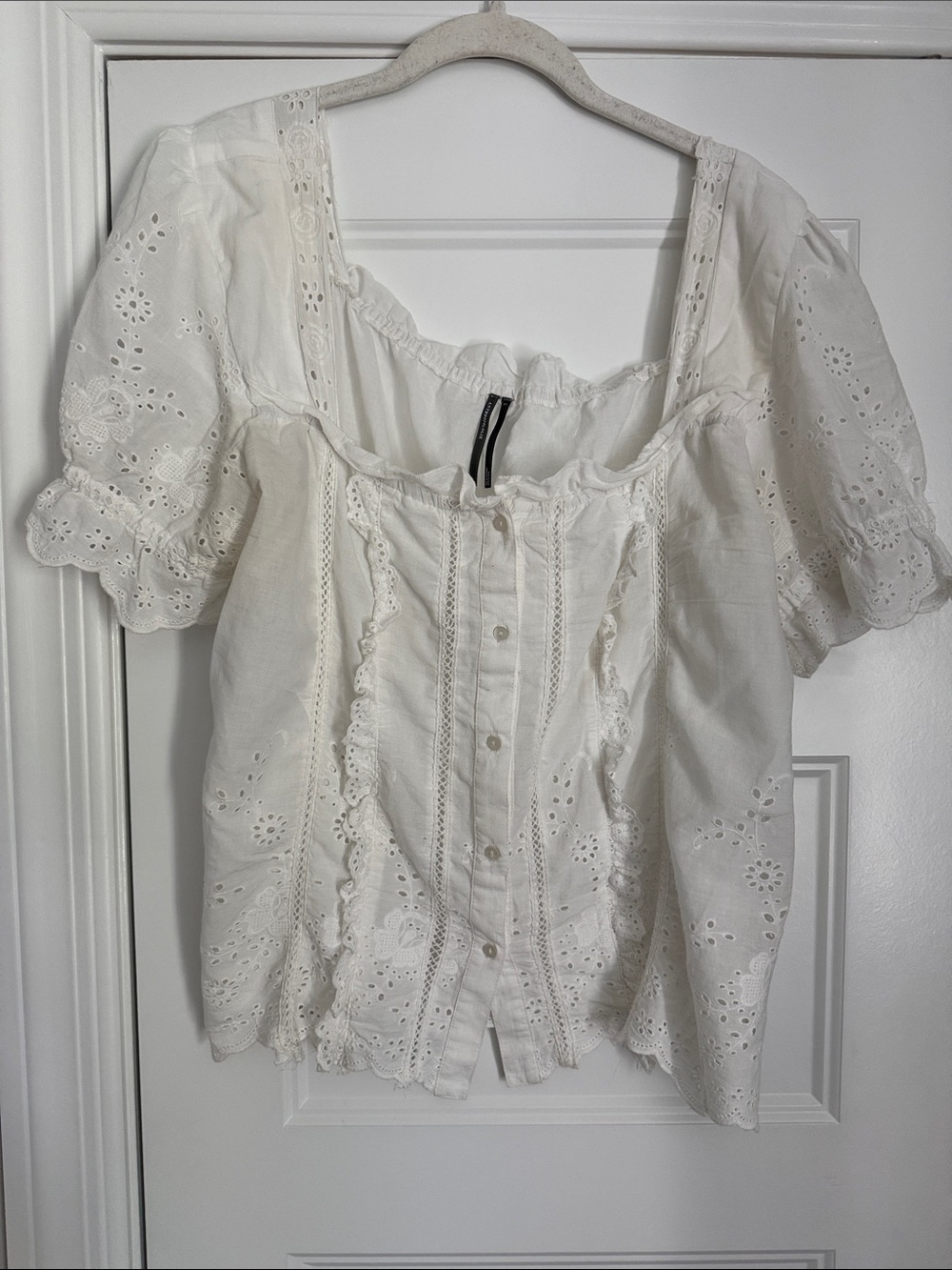 Anthropologie White Eyelet Ruffled Button-Front Blouse